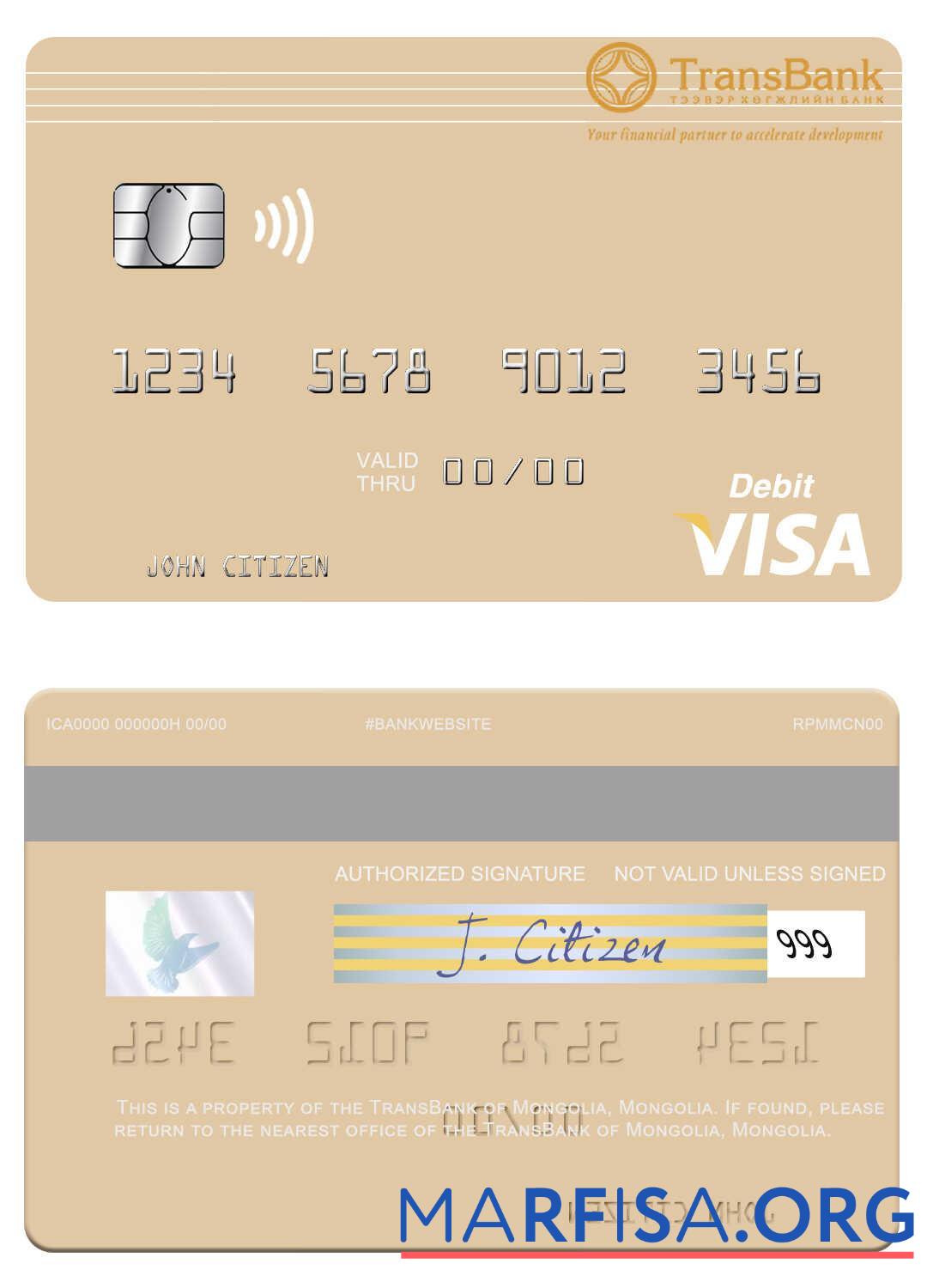 Printable Mongolia TransBank of Mongolia visa debit card sample